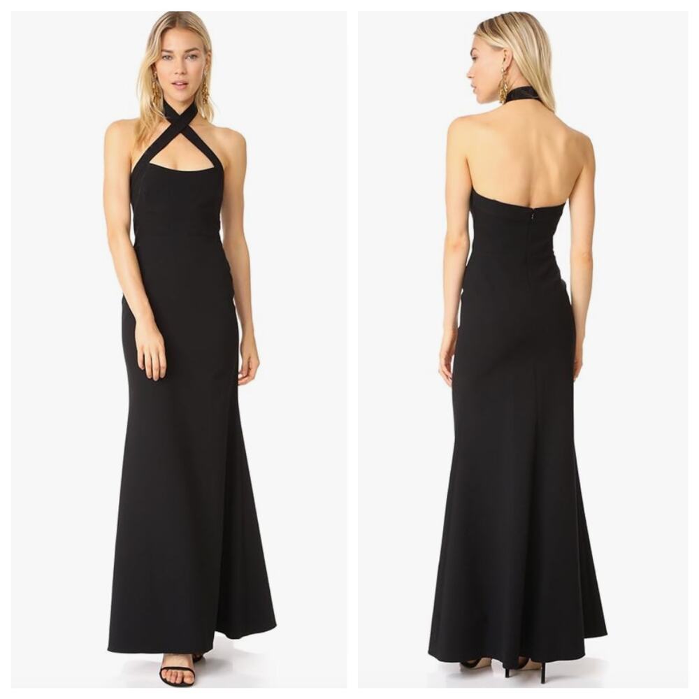 Jill Stuart Black Tie Halter Trumpet Fit Flare Mermaid Maxi Dress Gown 14